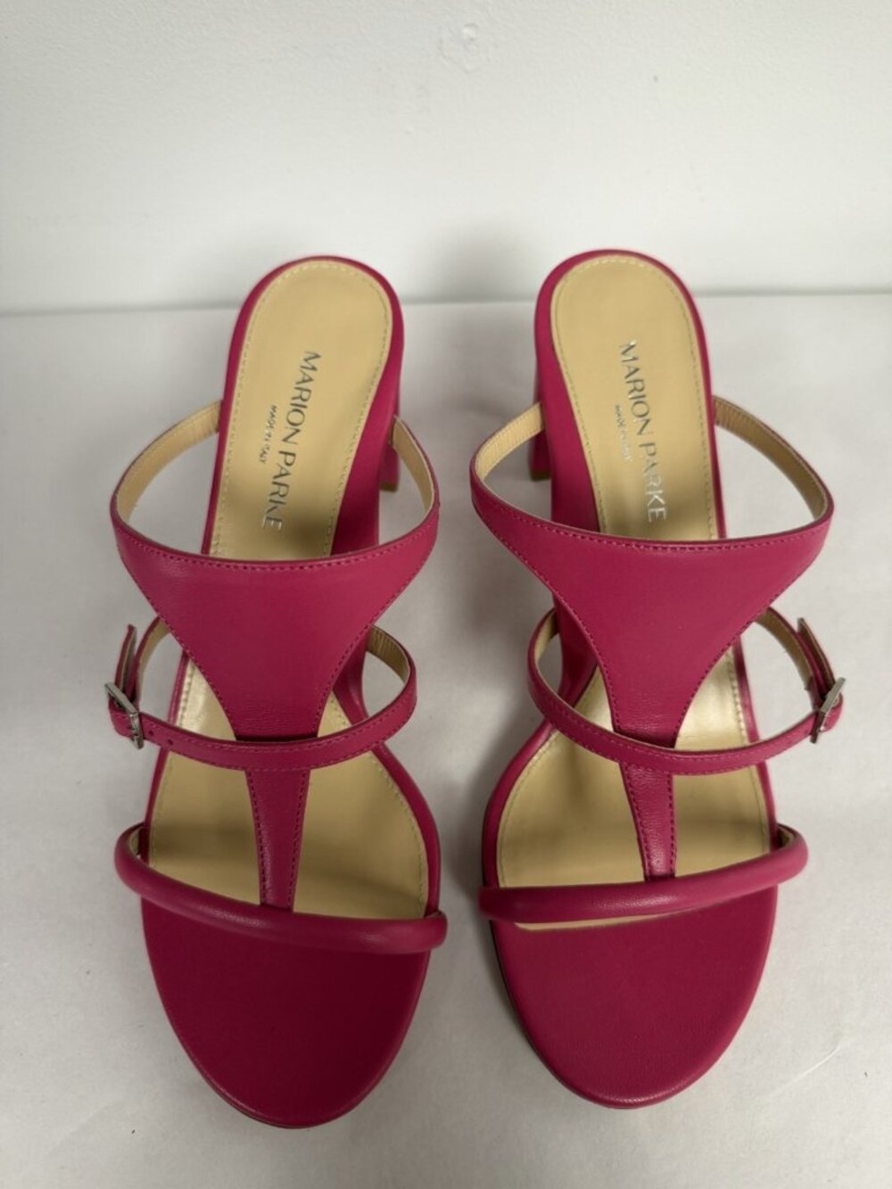 Marion Parke Pink Leather Sandals Heeled Slide Size 37.5 US 7.5 NEW - Picture 7 of 10